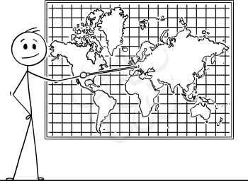 Cartoon stick drawing conceptual illustration of man using pointer and pointing at Europe continent on big wall world map.