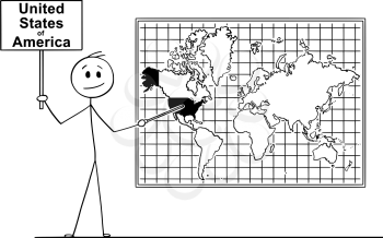 Cartoon stick drawing conceptual illustration of man holding sign and using pointer and pointing at United States of America on big wall world map.