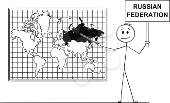Cartoon stick drawing conceptual illustration of man using pointer and pointing at Russia or Rusian Federation on big wall world map.
