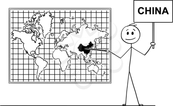 Cartoon stick drawing conceptual illustration of man using pointer and pointing at People's Republic of China or PRC on big wall world map.
