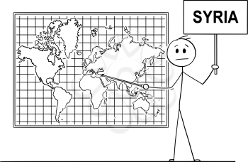Cartoon stick drawing conceptual illustration of man using pointer and pointing at Syrian Arab Republic or Syria on big wall world map.