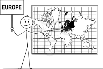 Cartoon stick drawing conceptual illustration of man holding a sign and using pointer and pointing at Europe continent on big wall world map.
