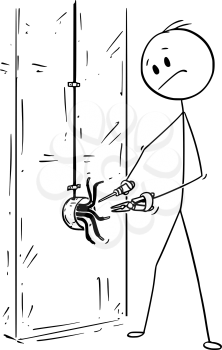 Cartoon stick drawing conceptual illustration of man or electrician working with pliers and screwdriver on electric cables of wiring placed on wall, connecting plug or outlet or socket.