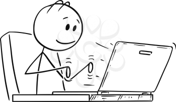 Cartoon stick drawing conceptual illustration of smiling man or businessman working or typing in office on laptop or notebook computer.
