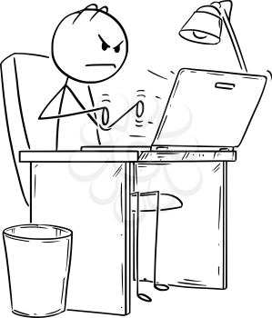 Cartoon stick drawing conceptual illustration of angry man or businessman working or typing in office on laptop or notebook computer.