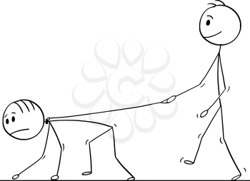 Cartoon stick drawing conceptual illustration of man walking with another man on a leash. Concept of slavery and dominance.