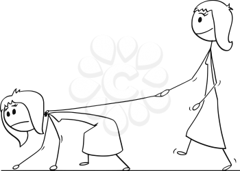 Cartoon stick drawing conceptual illustration of woman walking with another woman on a leash. Concept of slavery and dominance.