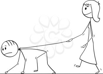 Cartoon stick drawing conceptual illustration of woman walking with man on a leash. Concept of love,relationship and dominance.