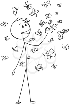 Cartoon stick drawing conceptual illustration of happy smiling man enjoying to be surrounded by large amount of butterflies flying around him. Concept of daydreaming or environmental conservation..