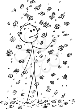 Cartoon stick drawing conceptual illustration of happy smiling man enjoying to be surrounded by large amount of falling flowers, blossoms and petals. Concept of daydreaming or environmental conservation.