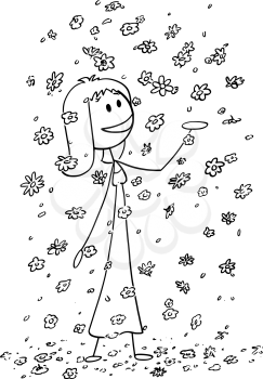 Cartoon stick drawing conceptual illustration of happy smiling woman or girl enjoying to be surrounded by large amount of falling flowers, blossoms and petals. Concept of daydreaming or environmental conservation.