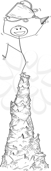 Cartoon stick drawing conceptual illustration of man or businessman holding a trophy cup and celebrating the success on the top of the crag or mountain.