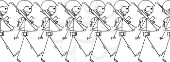 Cartoon stick drawing conceptual illustration of modern soldiers marching on parade or in to war. Concept of militarism. Tileable image.