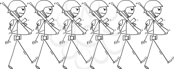Cartoon stick drawing conceptual illustration of modern soldiers marching on parade or in to war. Concept of militarism.