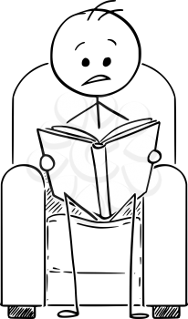 Cartoon stick drawing conceptual illustration of man sitting in arm chair and reading suspense book.