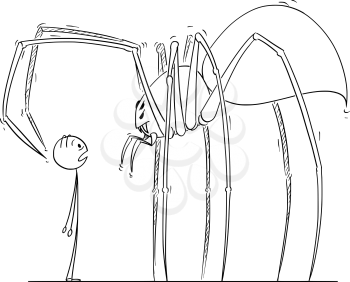 Cartoon stick drawing illustration of man facing giant spider monster.