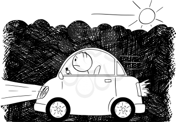 Cartoon stick man drawing of car driving through exhaust fumes and smog or emissions. Unhappy man is sitting inside.