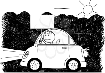 Cartoon stick man drawing of car driving through exhaust fumes and smog or emissions. Unhappy man is sitting inside and holding empty sign for your text.