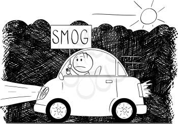 Cartoon stick man drawing of car driving through exhaust fumes and emissions. Unhappy man is sitting inside and holding sign with smog text.