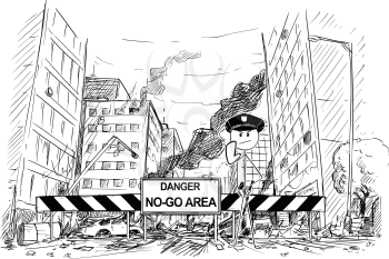 Pen and ink sketchy hand drawing of modern city street destroyed by riot. Road blocked by roadblock with danger no - go area sign and policemen showing stop gesture. Concept of immigration and integration.