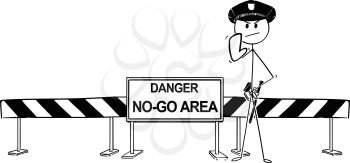 Pen and ink hand drawing of policemen showing stop gesture standing near road block with no-go area sign.