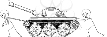Cartoon stick drawing conceptual illustration of two soldiers pushing and pulling broken or malfunction tank.