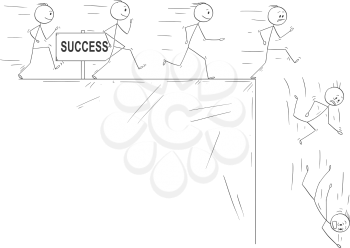 Cartoon stick drawing conceptual illustration of people following they dream of success and disillusion when they finally meet the reality. Metaphorical illustration of line of enthusiastic men running and finally falling down from the cliff.