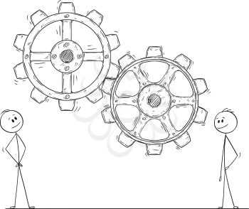 Cartoon stick drawing conceptual illustration of two men or businessmen watching working gears or cog wheels. Business concept of teamwork or company management.