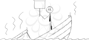 Cartoon stick drawing conceptual illustration of politician or businessman standing depressed on sinking boat with empty sign for your text. Metaphor of failure.