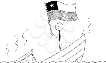 Cartoon stick drawing conceptual illustration of politician standing depressed on sinking boat waving the flag of Republic of Chile.