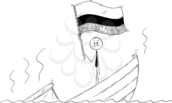Cartoon stick drawing conceptual illustration of politician standing depressed on sinking boat waving the flag of Republic of Colombia.