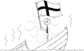 Cartoon stick drawing conceptual illustration of politician standing depressed on sinking boat waving the flag of Republic of Finland.