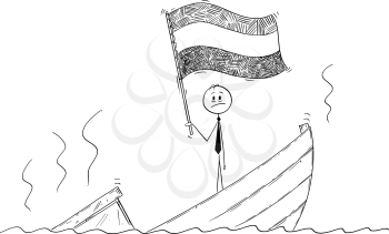 Cartoon stick drawing conceptual illustration of politician standing depressed on sinking boat waving the flag of Kingdom of the Netherlands or Holland.