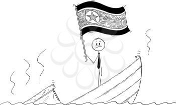 Cartoon stick drawing conceptual illustration of politician standing depressed on sinking boat waving the flag of Democratic People's Republic of Korea or North Korea.