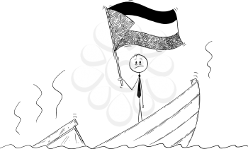 Cartoon stick drawing conceptual illustration of politician standing depressed on sinking boat waving the flag of State of Palestine