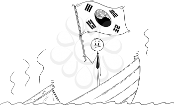 Cartoon stick drawing conceptual illustration of politician standing depressed on sinking boat waving the flag of Republic of Korea or South Korea.