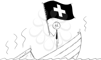 Cartoon stick drawing conceptual illustration of politician standing depressed on sinking boat waving the flag of Swiss Confederation or Switzerland.