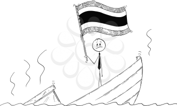 Cartoon stick drawing conceptual illustration of politician standing depressed on sinking boat waving the flag of Kingdom of Thailand.