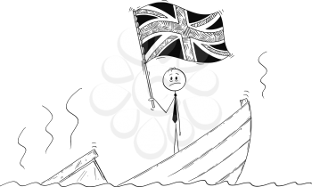 Cartoon stick drawing conceptual illustration of politician standing depressed on sinking boat waving the flag of United Kingdom of Great Britain and Northern Ireland or UK.