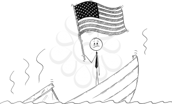 Cartoon stick drawing conceptual illustration of politician standing depressed on sinking boat waving the flag of United States of America or USA.
