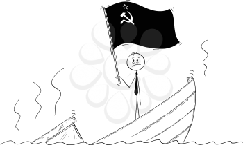 Cartoon stick drawing conceptual illustration of politician standing depressed on sinking boat waving the flag of Union of Soviet Socialist Republics or USSR. Symbol of communism.