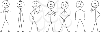 Cartoon stick drawing conceptual illustration of group or team of men or businessmen in angry poses. They are facing camera and showing different expression of anger.