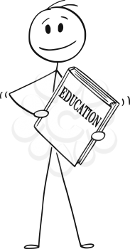 Cartoon stick drawing conceptual illustration of smiling man holding big book with education written on cover.