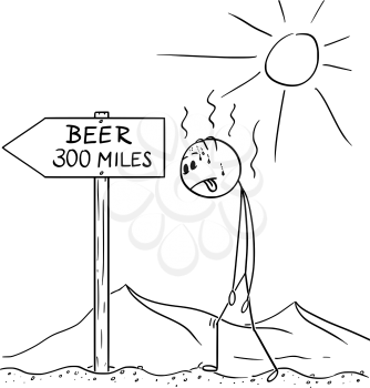 Cartoon stick drawing conceptual illustration of man walking thirsty without water through hot desert and found arrow sign with beer 300 miles text.