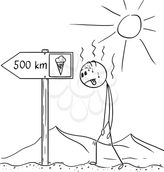 Cartoon stick drawing conceptual illustration of man walking thirsty without water through hot desert and found arrow sign with ice cream 500 km or kilometers symbol.