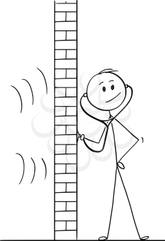 Cartoon stick drawing conceptual illustration of man using stethoscope or phonendoscope to hear and spy what happens behind wall.