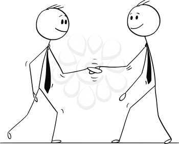 Cartoon stick drawing conceptual illustration of two men or businessmen shaking hands or doing handshake. Business concept of cooperation or agreement.