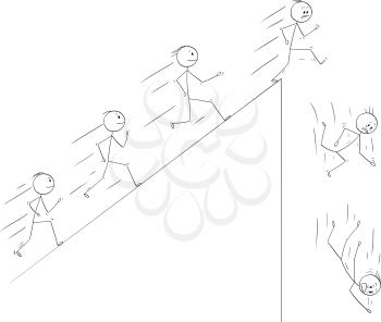 Cartoon stick drawing conceptual illustration of people following they dreams and disillusion when they finally meet the reality. Metaphorical illustration of line of enthusiastic men running up the hill and finally falling down from the top.
