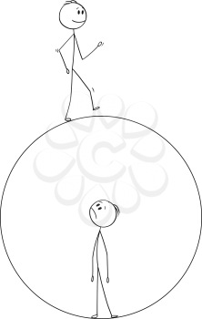 Cartoon stick drawing conceptual illustration of man who is trapped inside of his world represented by bubble or circle and looking at another man who is free to walk outside.