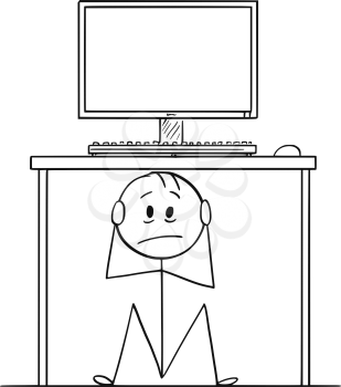 Cartoon stick drawing conceptual illustration of stressed man or businessman sitting hidden under office desk. There is empty space on the screen for your text.